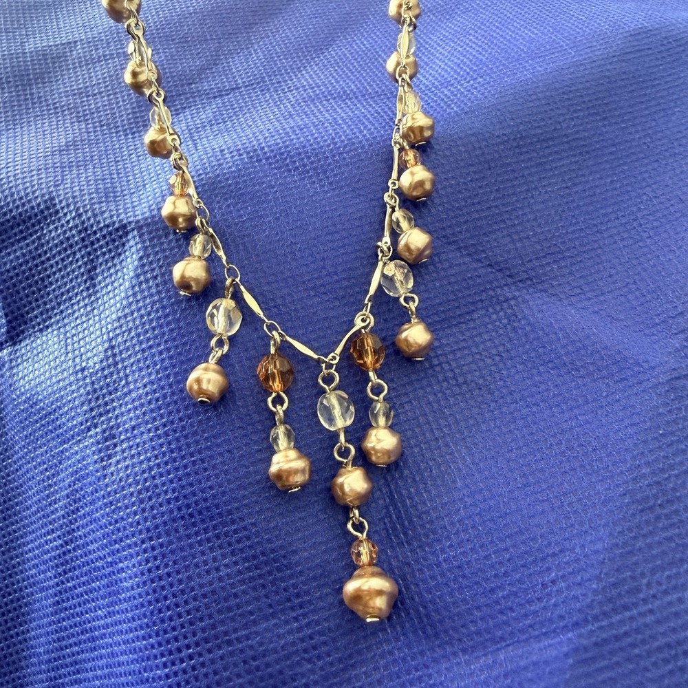 Silver Tone Champagne Faux Pearl Beaded Fringe Necklace 20 Inch Womens Statement